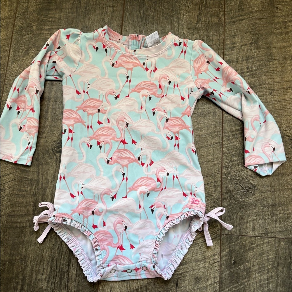 Ruffle Butts Flamingo Print Baby Bathing suit long sleeve